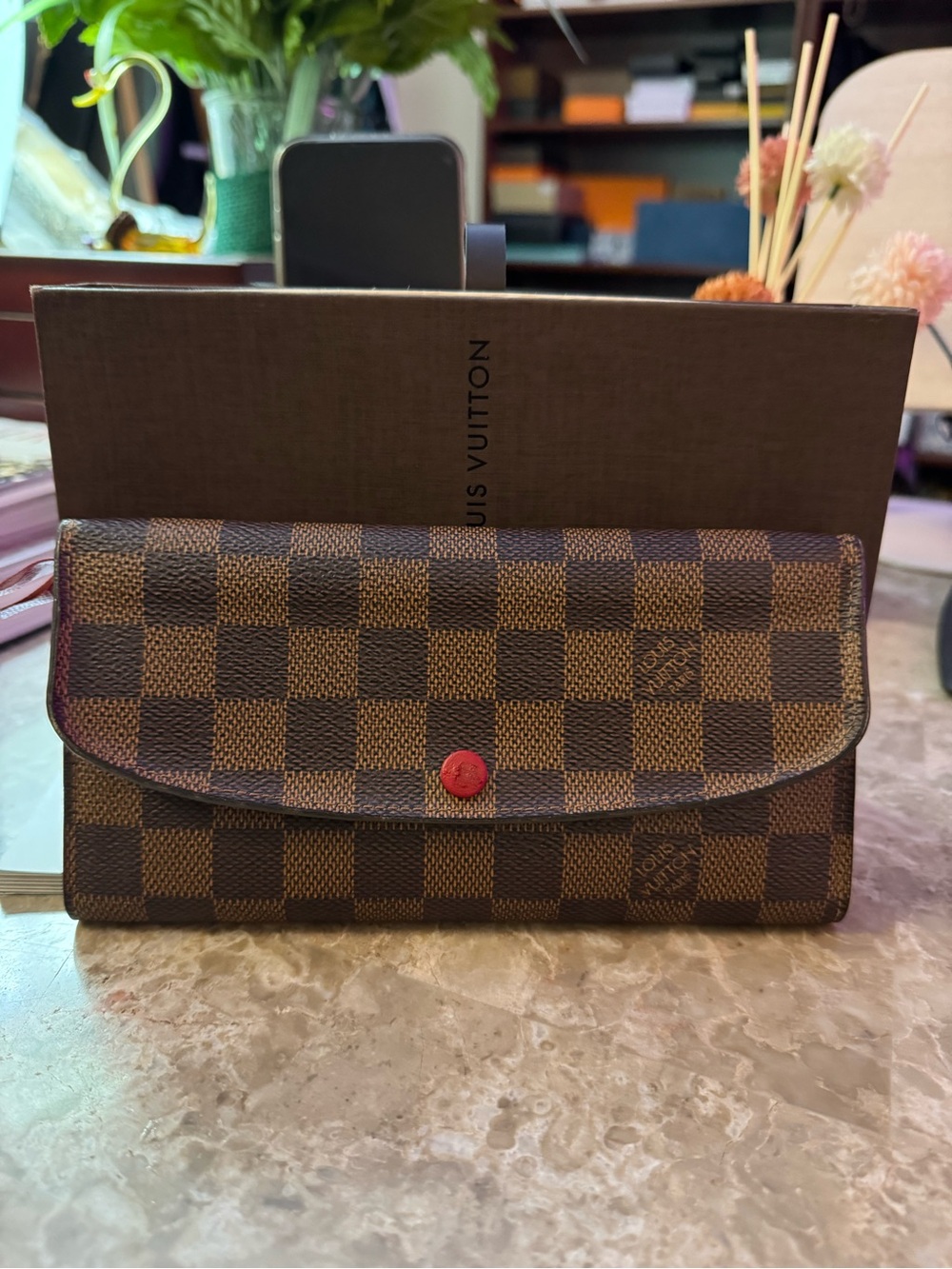 Louis Vuitton Brown Checkered Canvas Wallet with Red Snap
